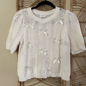 STORIA‎ Anthropologie Allover Bow Sweater Cropped Ribbon Bow Coquette Sz M